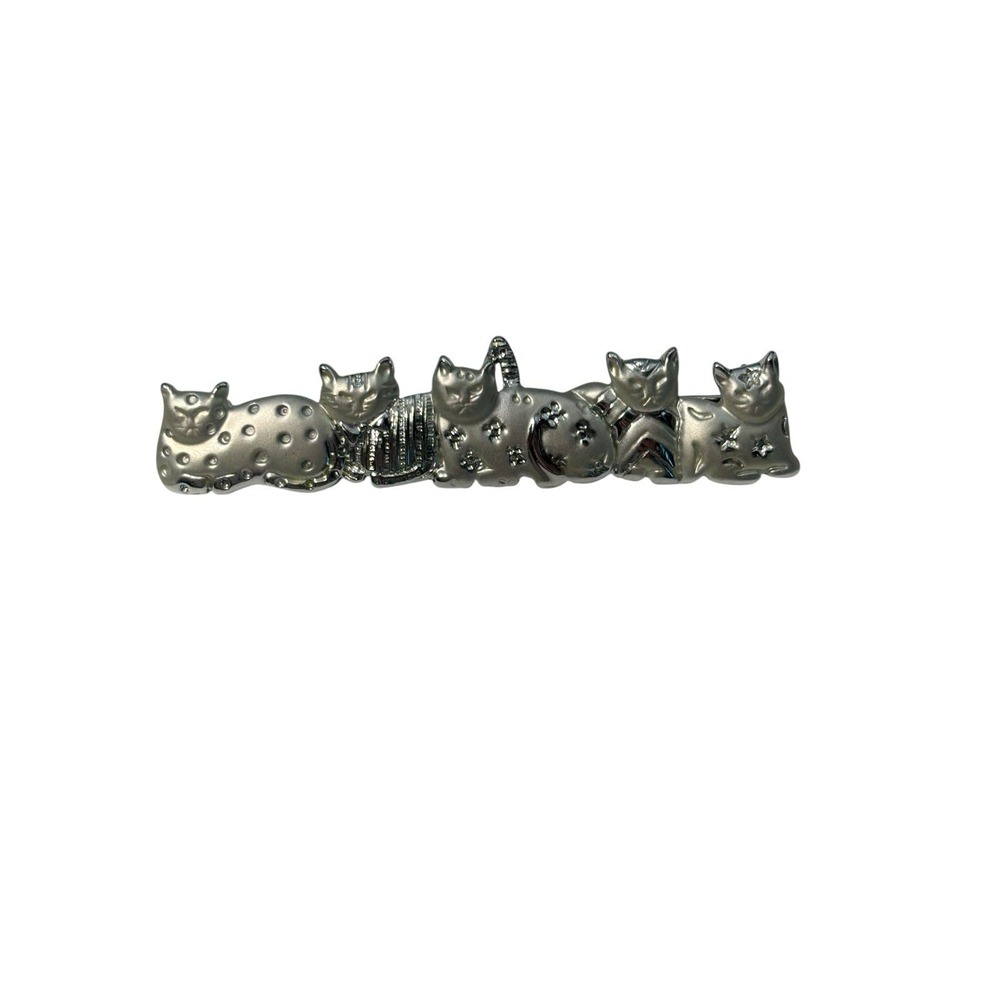 Vintage AJC Silver Tone Five Shiny Cute Resting Kitty Cat Kittens Row Brooch Pin